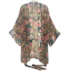 VICTORIA'S SECRET Kimono OS Blue Pink Floral Satin Belt Vintage Gold Label EUC